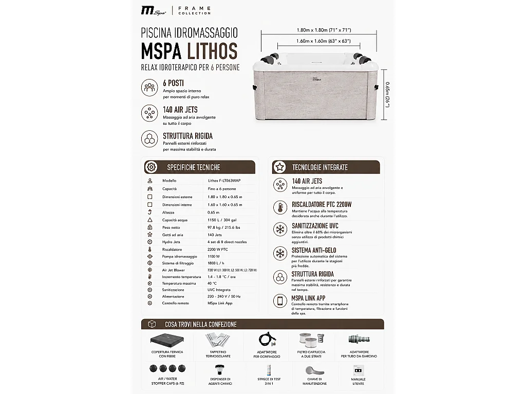 Tempo Style - Vasca Idromassaggio MSpa LITHOS | 140 getti d'aria a 3 velocità, 32 Idrogetti, Riscaldatore, Copertura termica inc. | Dim: 1.80m x 0.65m