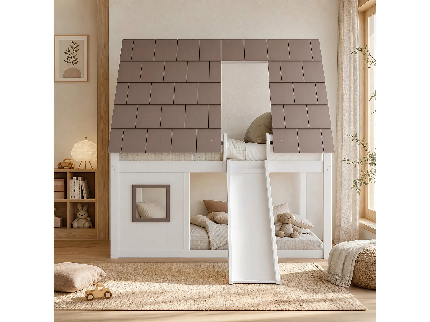 Etagenbett 140x200 cm aus weißem und braunem Kiefernholz sowie MDF mit Dach, Leiter, Rutsche und Lattenrost, ohne Matratze