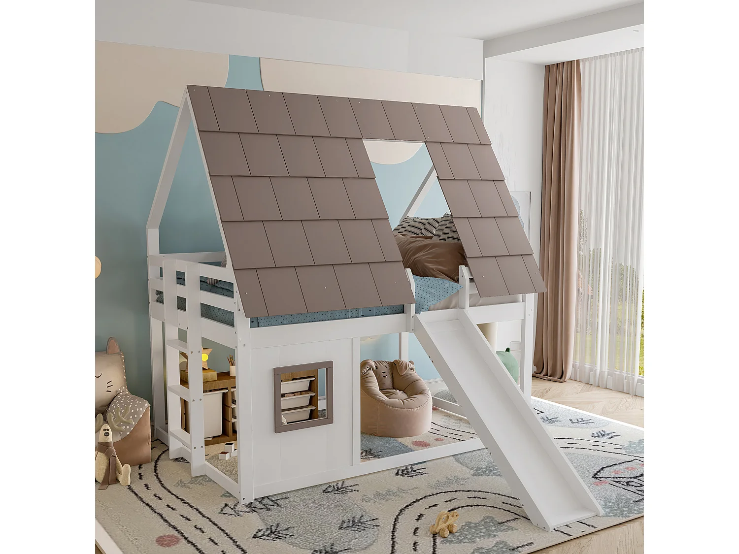 Etagenbett 140x200 cm aus weißem und braunem Kiefernholz sowie MDF mit Dach, Leiter, Rutsche und Lattenrost, ohne Matratze