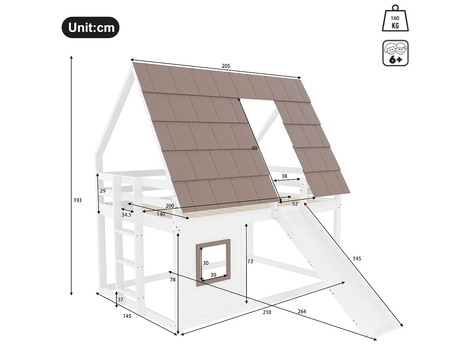 Etagenbett 140x200 cm aus weißem und braunem Kiefernholz sowie MDF mit Dach, Leiter, Rutsche und Lattenrost, ohne Matratze