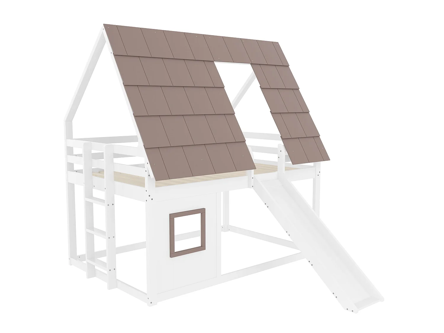 Etagenbett 140x200 cm aus weißem und braunem Kiefernholz sowie MDF mit Dach, Leiter, Rutsche und Lattenrost, ohne Matratze