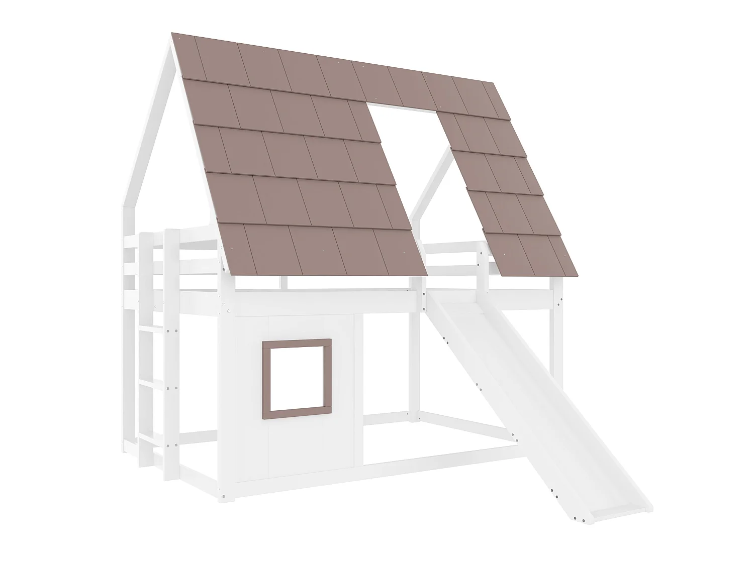 Etagenbett 140x200 cm aus weißem und braunem Kiefernholz sowie MDF mit Dach, Leiter, Rutsche und Lattenrost, ohne Matratze