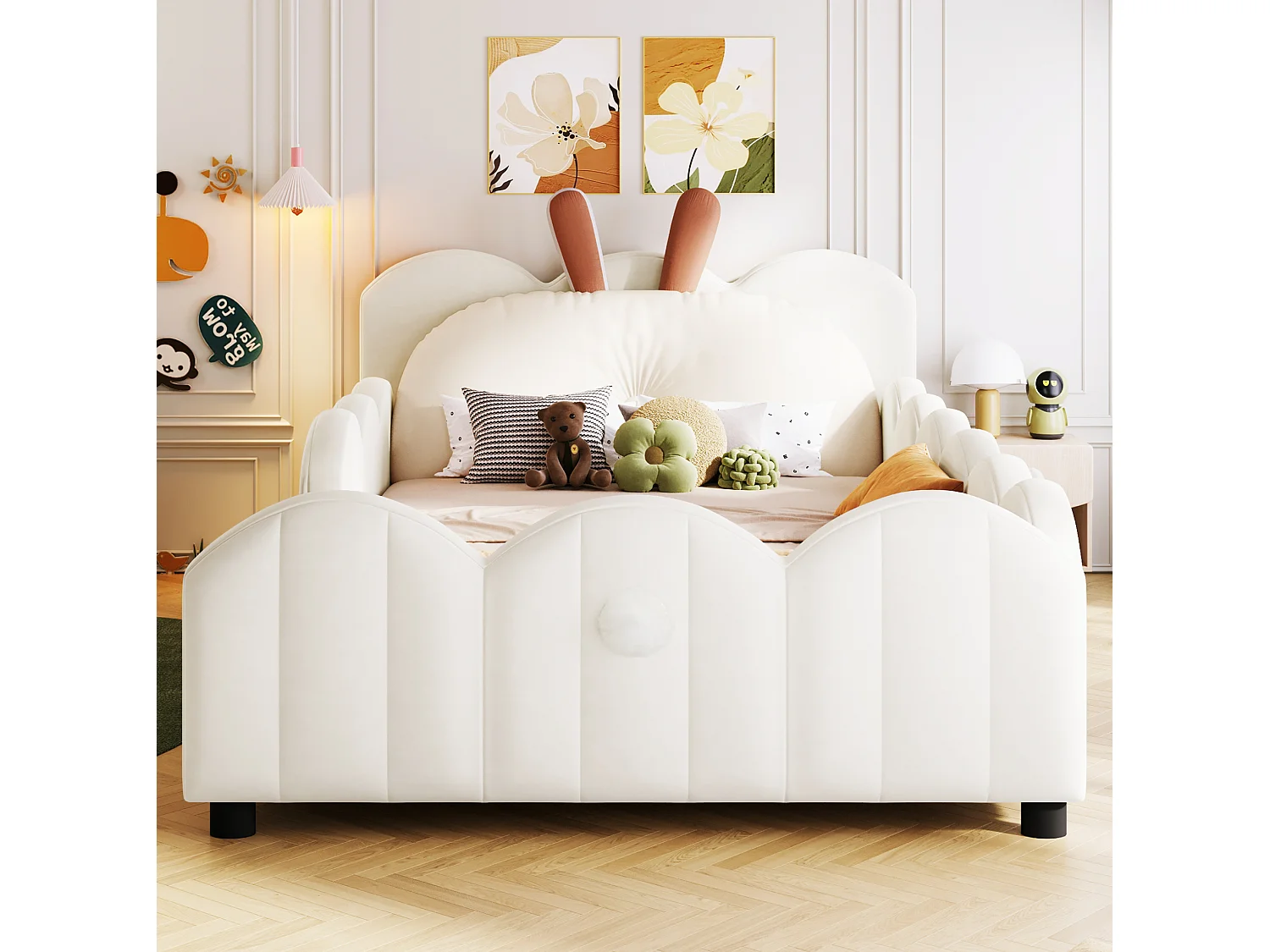 Lit enfant 90x200 cm en velours beige avec barrières, coussin lapin et sommier à lattes, sans matelas