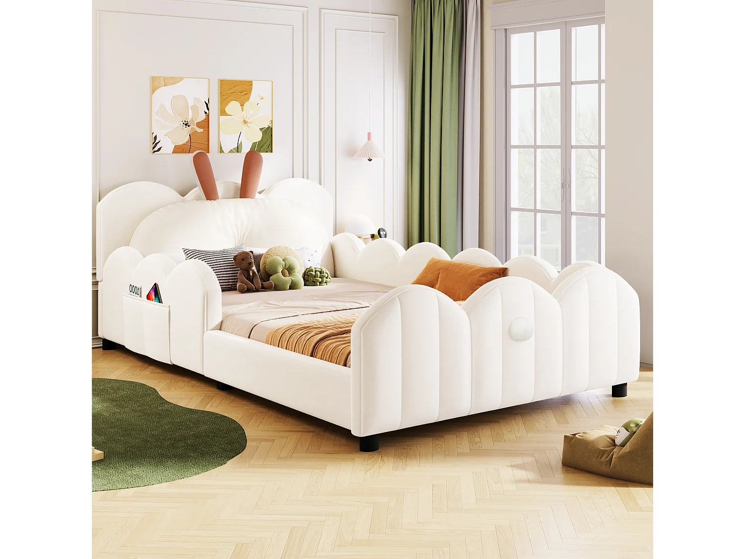 Lit enfant 90x200 cm en velours beige avec barrières, coussin lapin et sommier à lattes, sans matelas