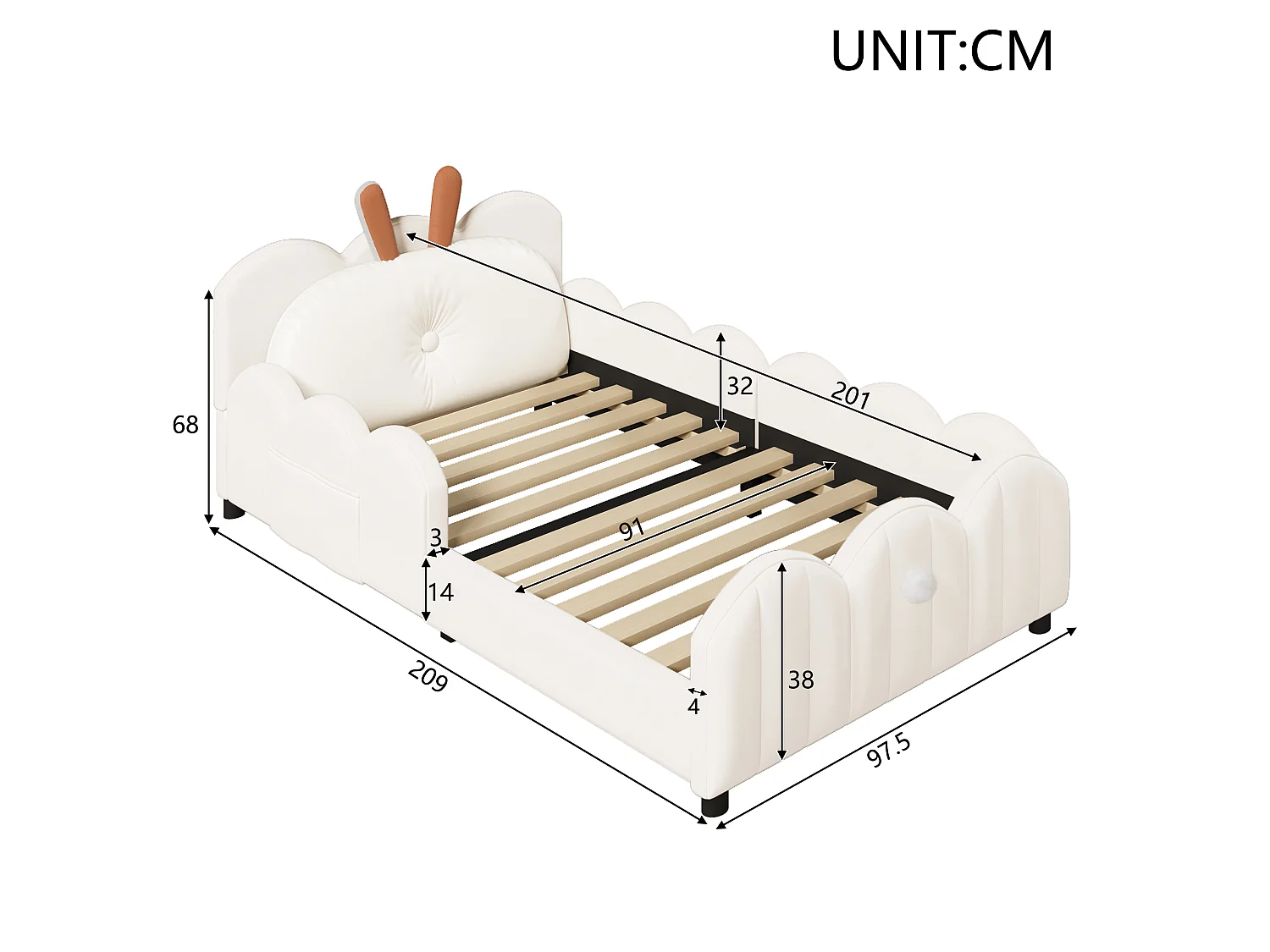 Lit enfant 90x200 cm en velours beige avec barrières, coussin lapin et sommier à lattes, sans matelas