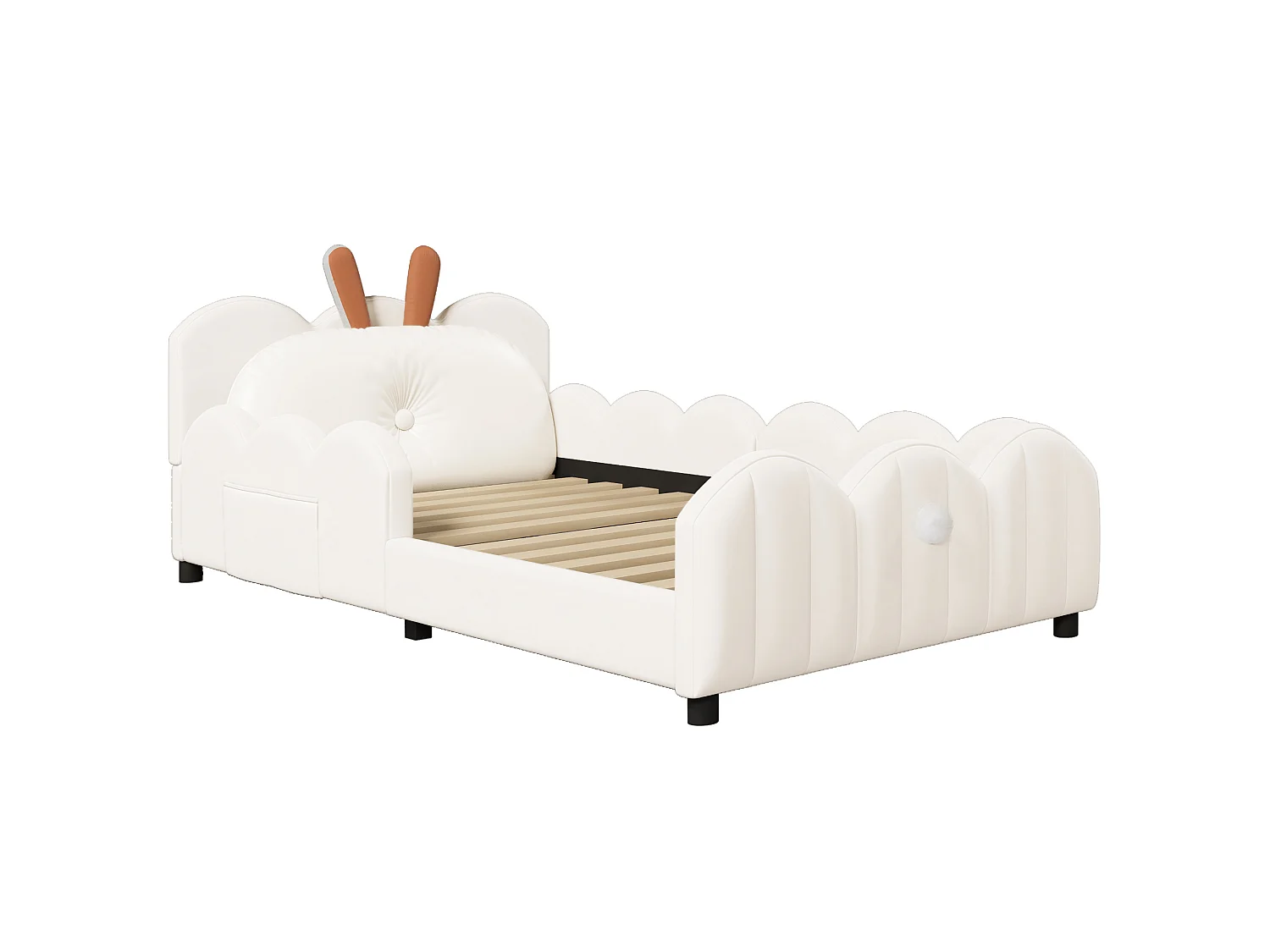 Lit enfant 90x200 cm en velours beige avec barrières, coussin lapin et sommier à lattes, sans matelas
