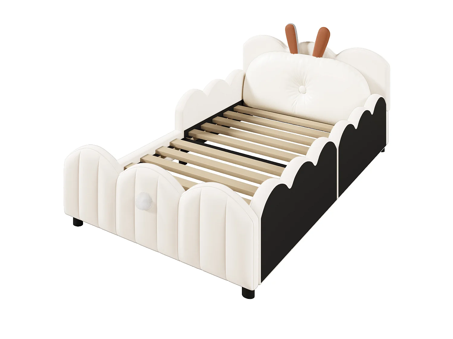 Lit enfant 90x200 cm en velours beige avec barrières, coussin lapin et sommier à lattes, sans matelas