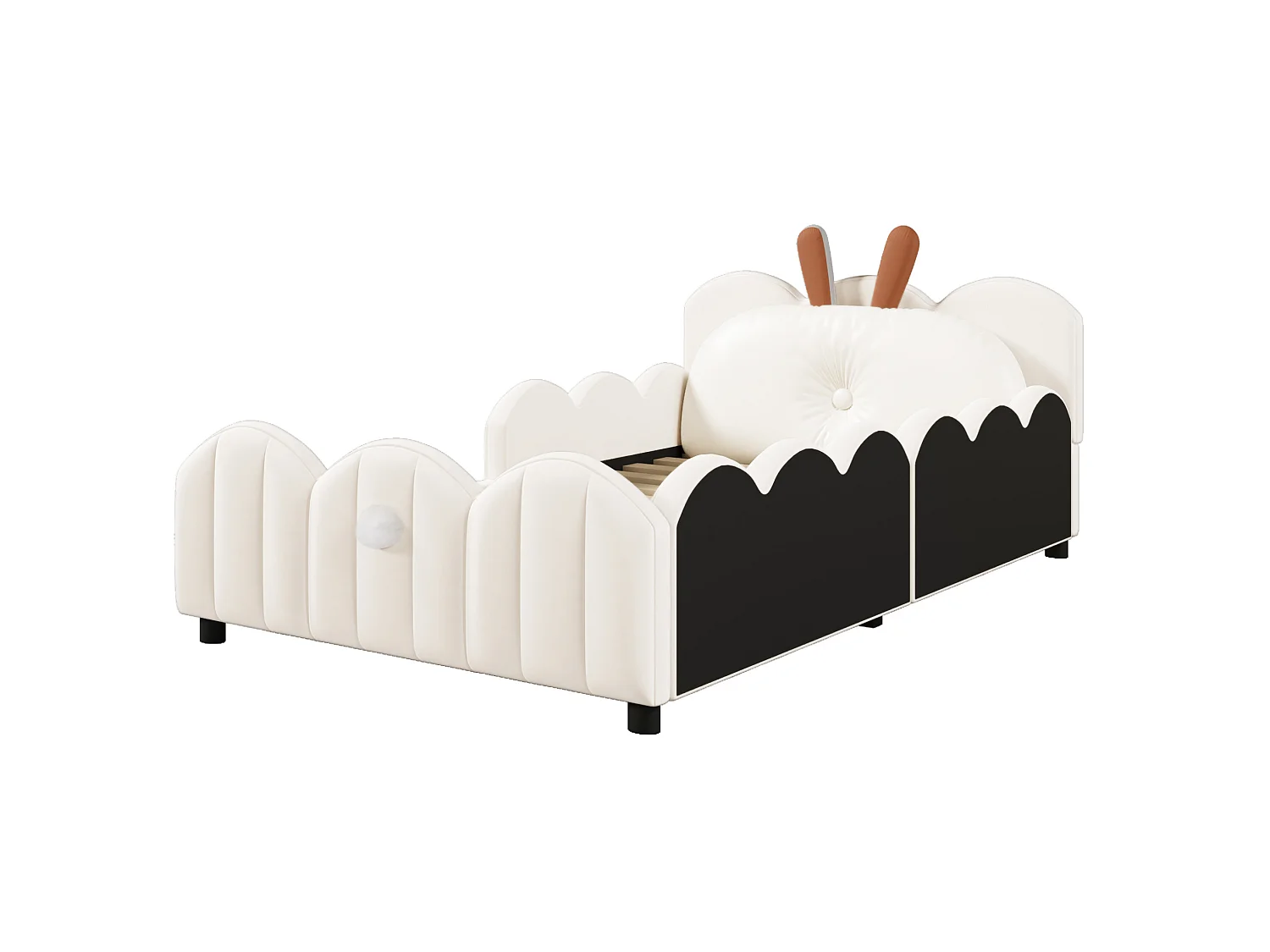 Lit enfant 90x200 cm en velours beige avec barrières, coussin lapin et sommier à lattes, sans matelas