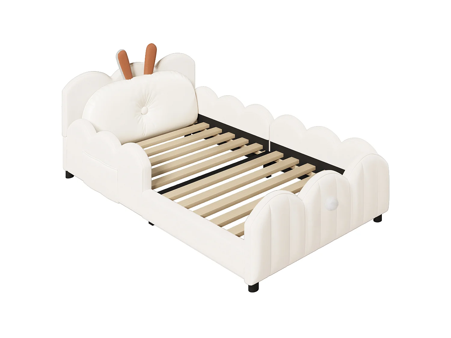Lit enfant 90x200 cm en velours beige avec barrières, coussin lapin et sommier à lattes, sans matelas