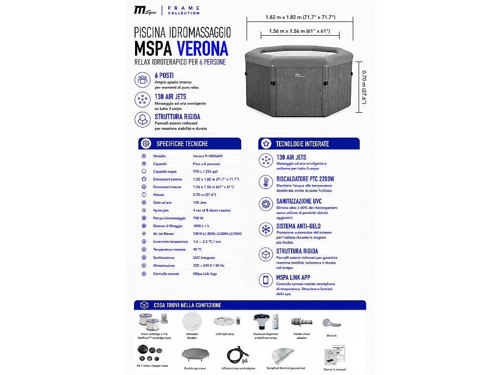Tempo Style - Vasca Idromassaggio MSpa VERONA | 130 getti d'aria a 3 velocità, 32 Idrogetti, Riscaldatore, Copertura termica inc. |1.82m x 0.70m