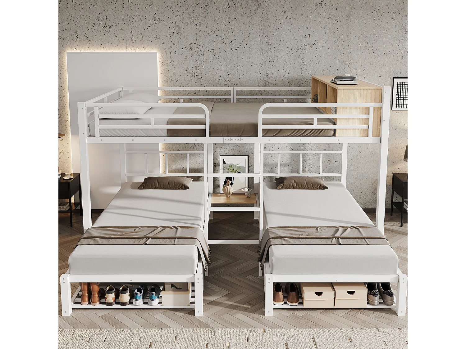 Etagenbett 140x200/90x200 cm aus weißem Metall und Holz, 3 Schlafplätze mit Regal und Schuhaufbewahrung, ohne Matratze