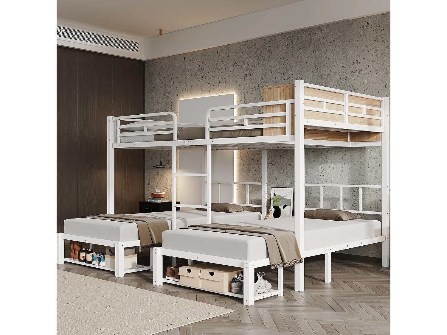 Etagenbett 140x200/90x200 cm aus weißem Metall und Holz, 3 Schlafplätze mit Regal und Schuhaufbewahrung, ohne Matratze