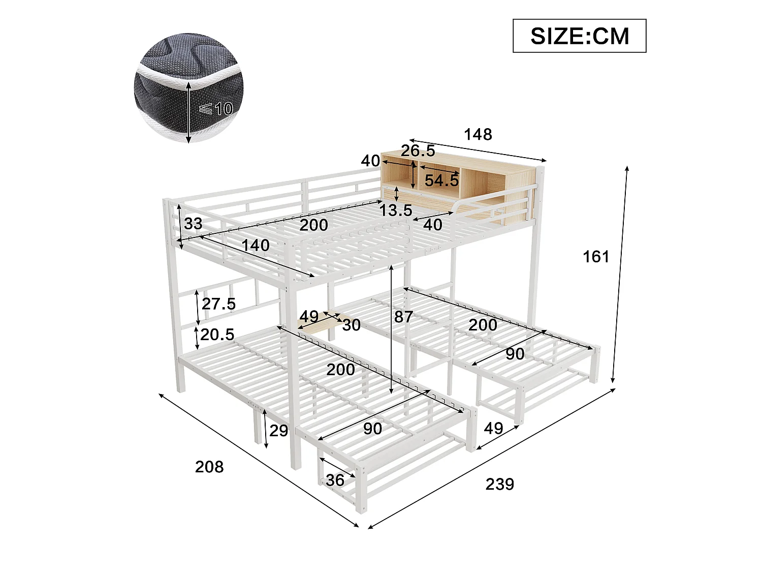 Etagenbett 140x200/90x200 cm aus weißem Metall und Holz, 3 Schlafplätze mit Regal und Schuhaufbewahrung, ohne Matratze