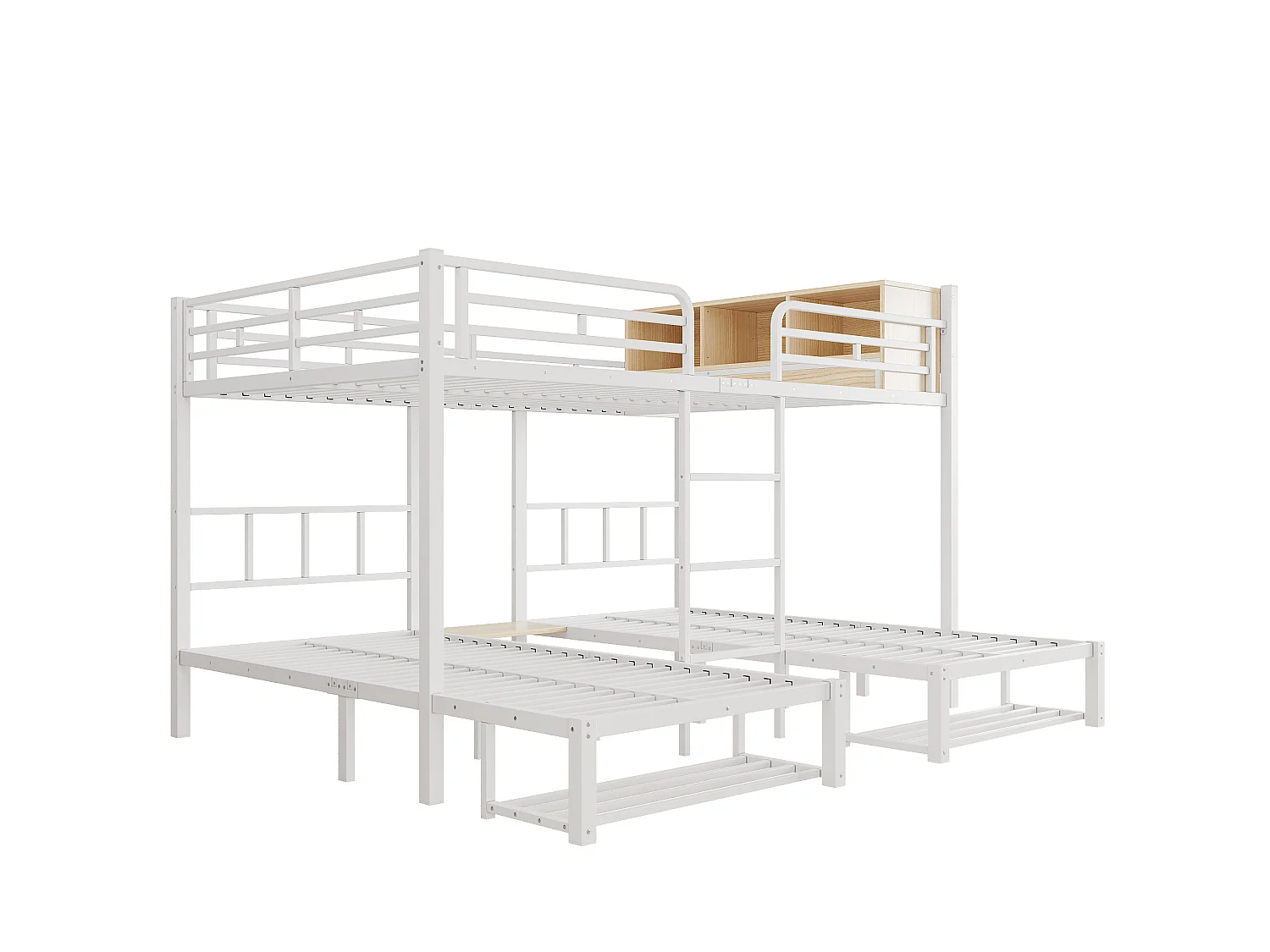 Etagenbett 140x200/90x200 cm aus weißem Metall und Holz, 3 Schlafplätze mit Regal und Schuhaufbewahrung, ohne Matratze