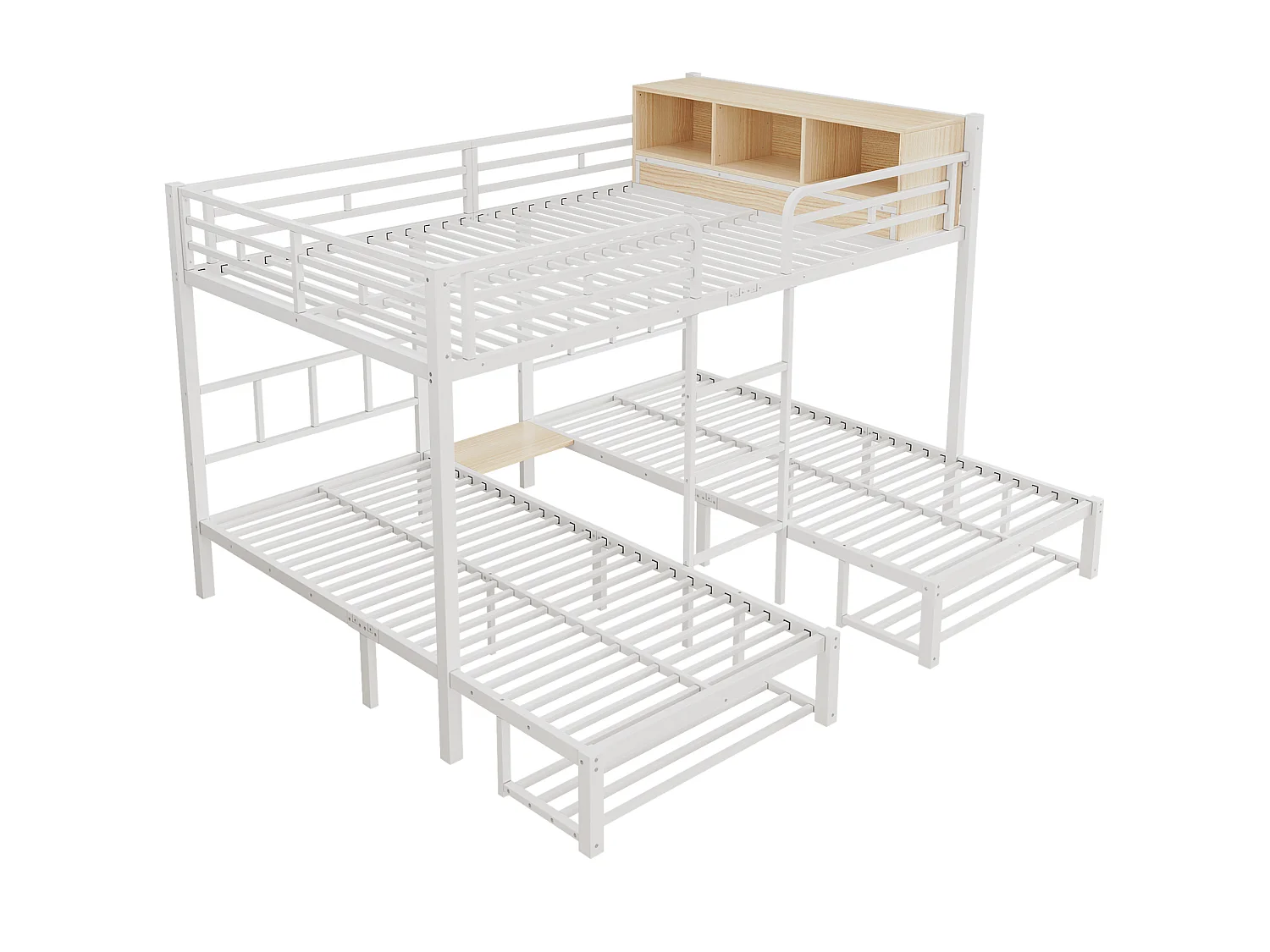Etagenbett 140x200/90x200 cm aus weißem Metall und Holz, 3 Schlafplätze mit Regal und Schuhaufbewahrung, ohne Matratze