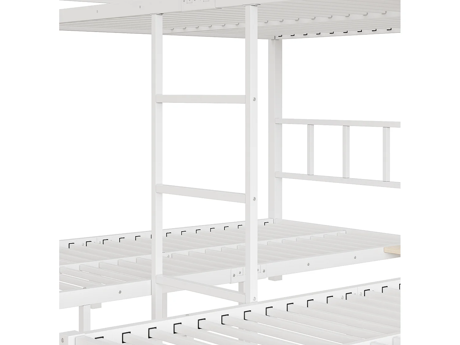 Etagenbett 140x200/90x200 cm aus weißem Metall und Holz, 3 Schlafplätze mit Regal und Schuhaufbewahrung, ohne Matratze