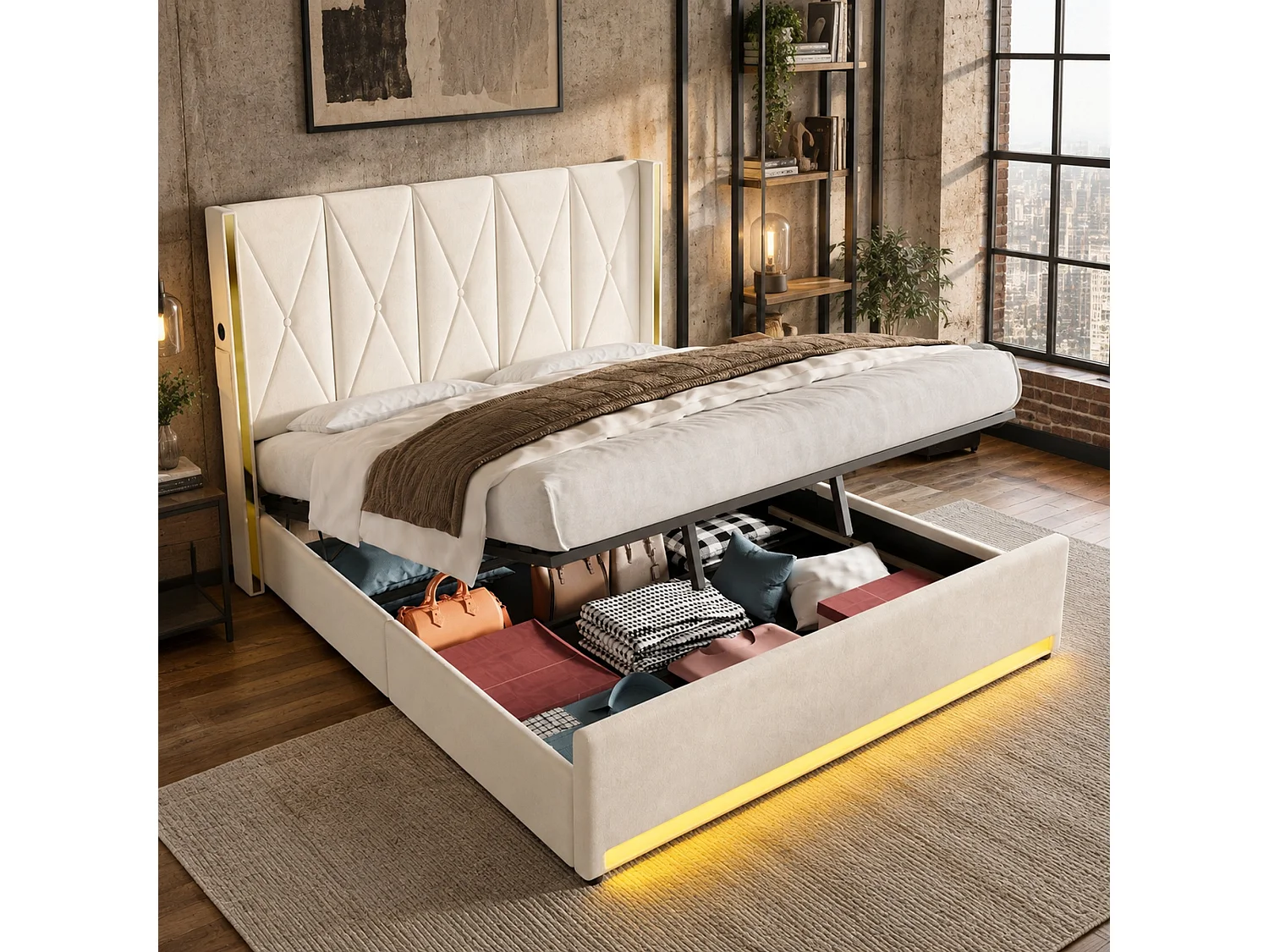 Bettkastenbett 180x200 cm aus beigem Velours, hohes LED-Kopfteil, USB- und USB-C-Anschluss sowie Seitentaschen, ohne Matratze