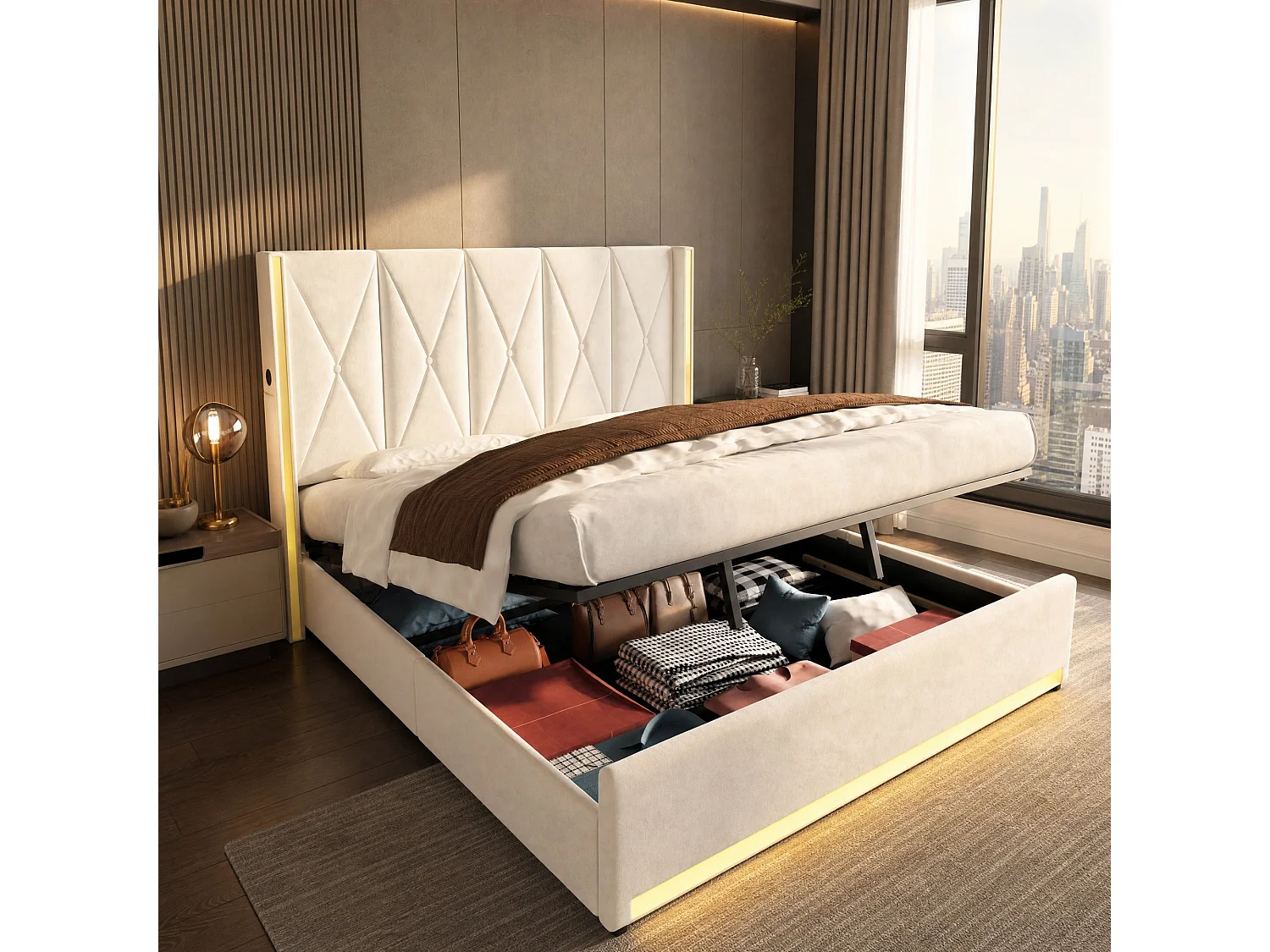 Bettkastenbett 180x200 cm aus beigem Velours, hohes LED-Kopfteil, USB- und USB-C-Anschluss sowie Seitentaschen, ohne Matratze