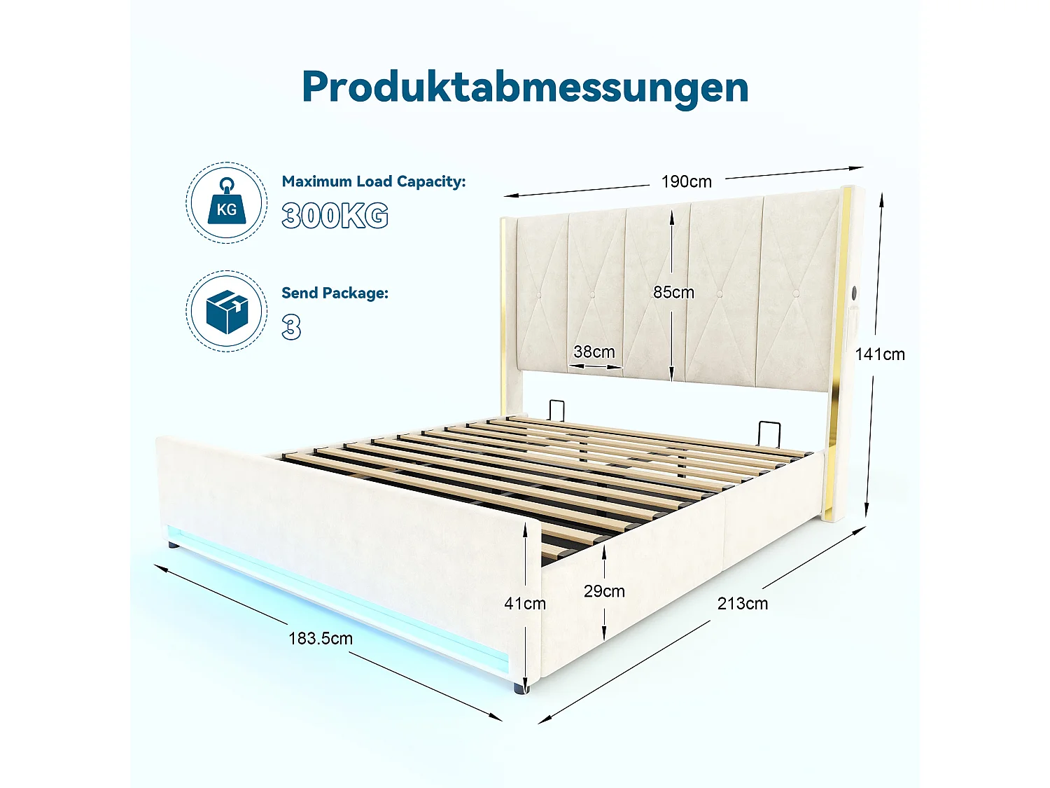 Bettkastenbett 180x200 cm aus beigem Velours, hohes LED-Kopfteil, USB- und USB-C-Anschluss sowie Seitentaschen, ohne Matratze