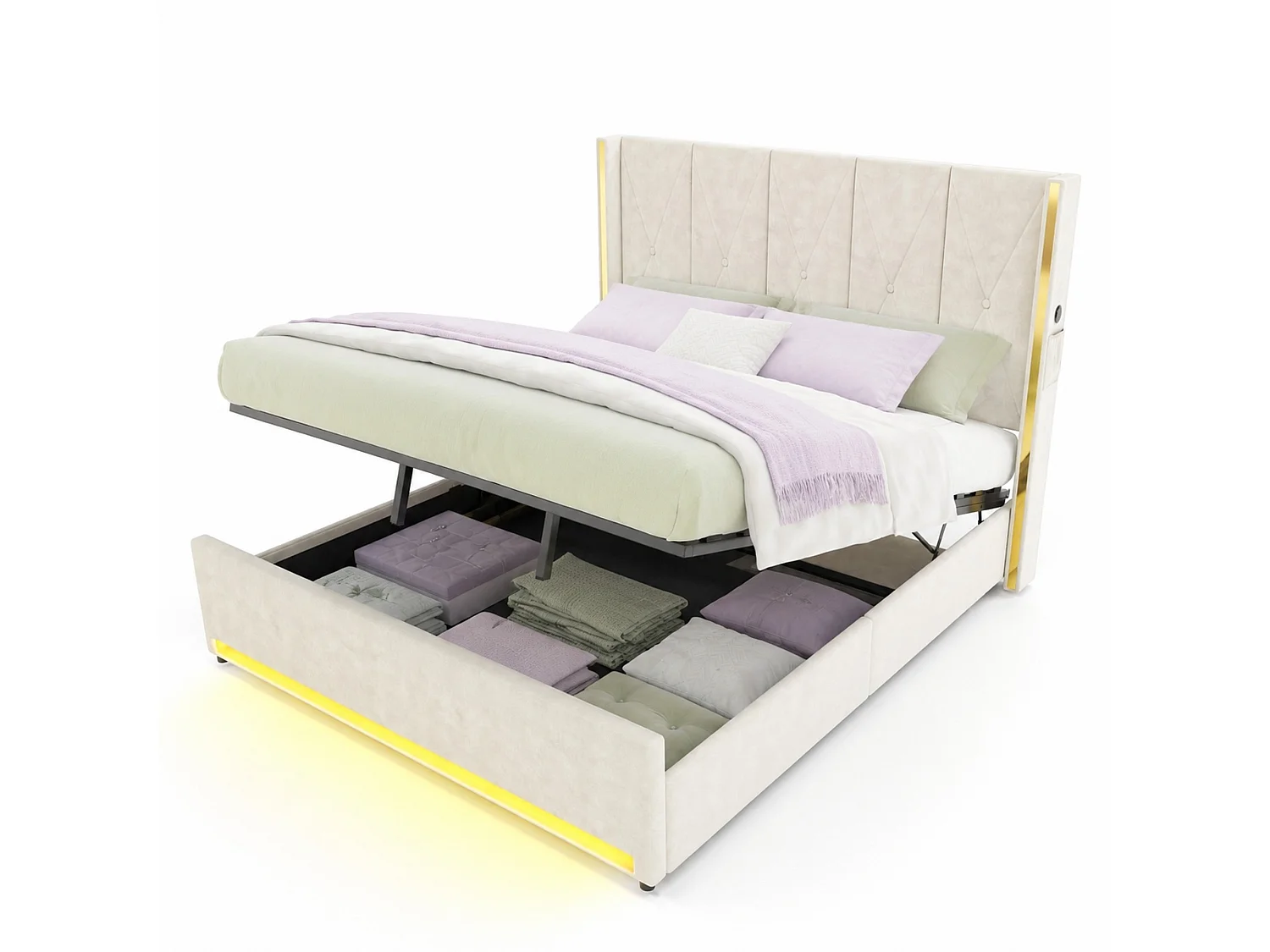 Bettkastenbett 180x200 cm aus beigem Velours, hohes LED-Kopfteil, USB- und USB-C-Anschluss sowie Seitentaschen, ohne Matratze