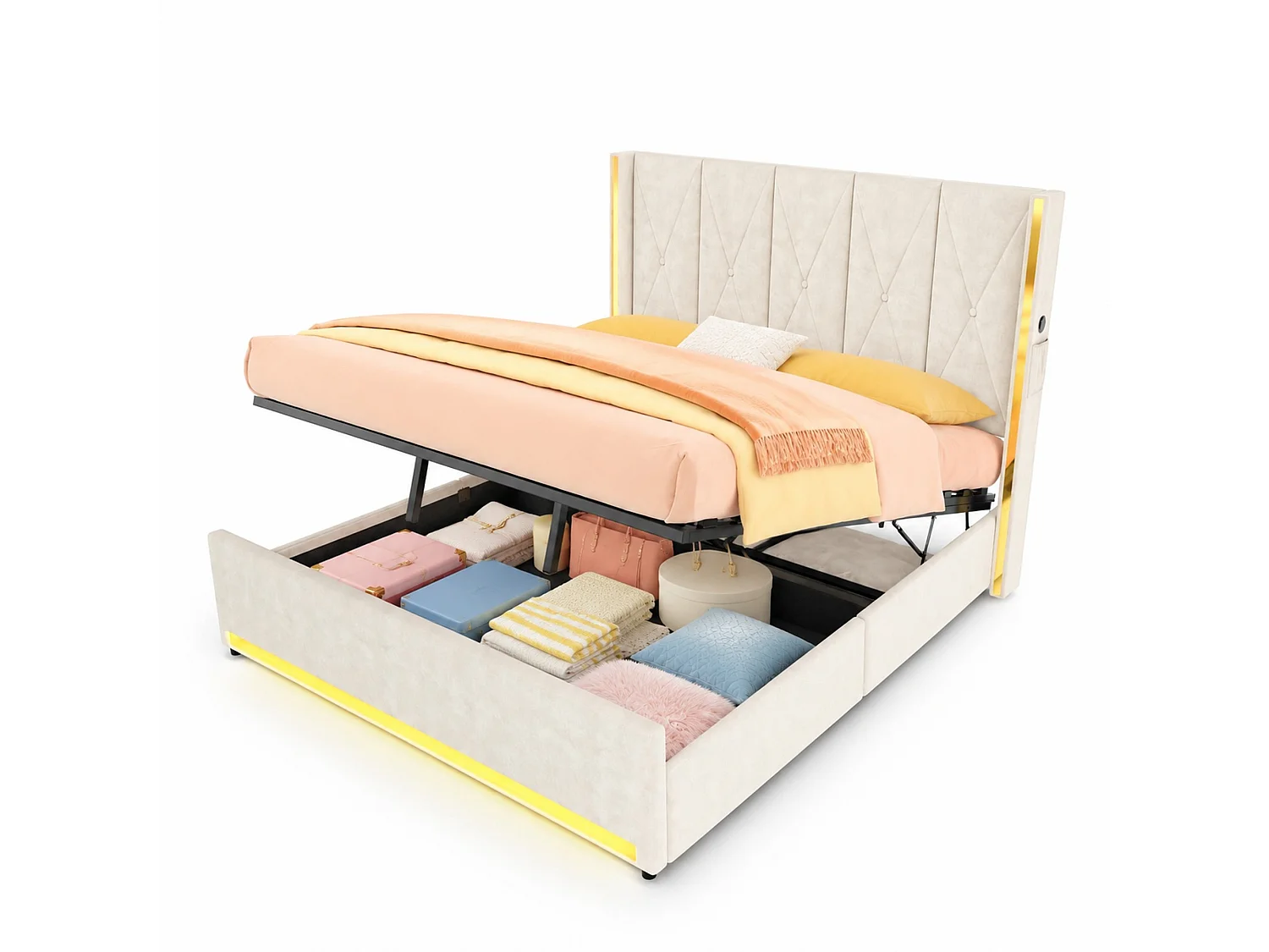 Bettkastenbett 180x200 cm aus beigem Velours, hohes LED-Kopfteil, USB- und USB-C-Anschluss sowie Seitentaschen, ohne Matratze