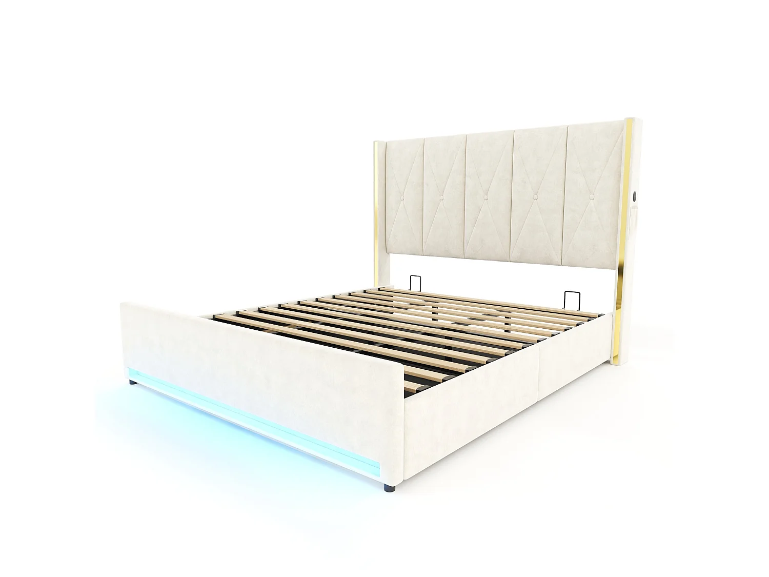 Bettkastenbett 180x200 cm aus beigem Velours, hohes LED-Kopfteil, USB- und USB-C-Anschluss sowie Seitentaschen, ohne Matratze