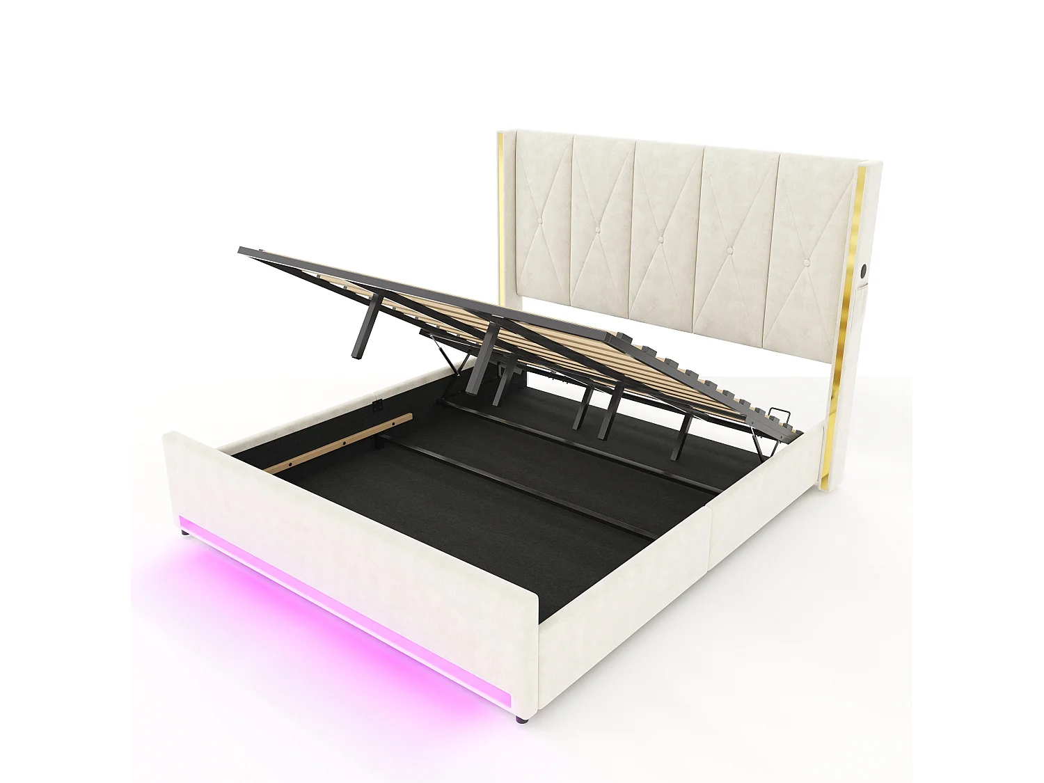 Bettkastenbett 180x200 cm aus beigem Velours, hohes LED-Kopfteil, USB- und USB-C-Anschluss sowie Seitentaschen, ohne Matratze