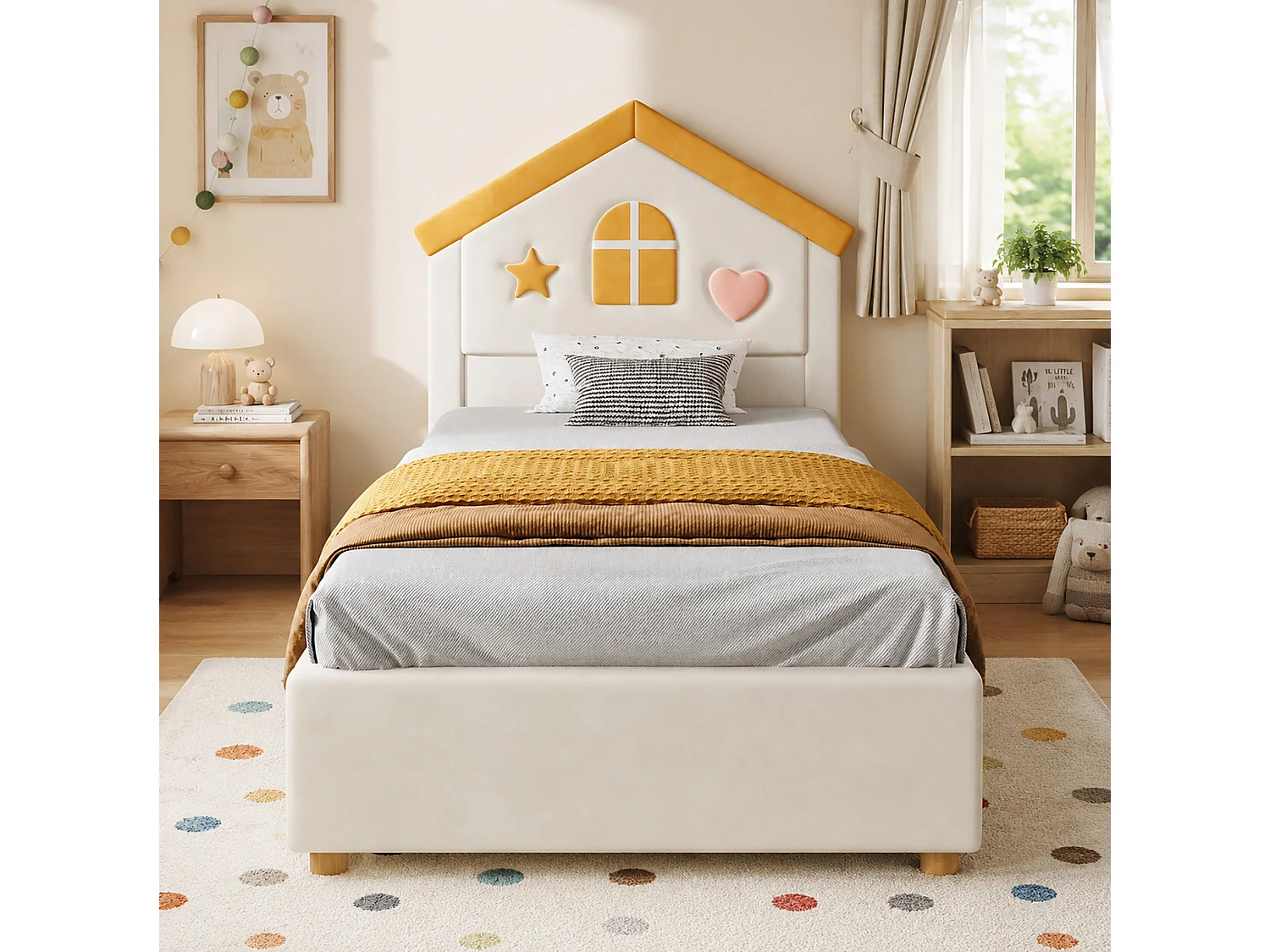 Cama cabaña infantil 90x200 cm terciopelo beige, cabecero en forma de casa, 4 cajones, sin colchón