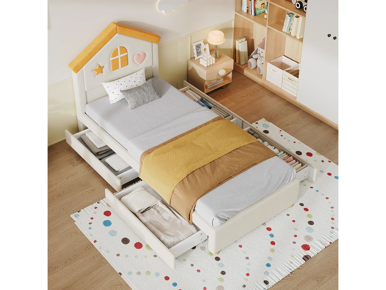 Cama cabaña infantil 90x200 cm terciopelo beige, cabecero en forma de casa, 4 cajones, sin colchón