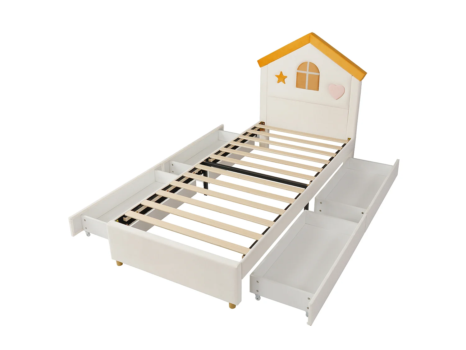 Cama cabaña infantil 90x200 cm terciopelo beige, cabecero en forma de casa, 4 cajones, sin colchón