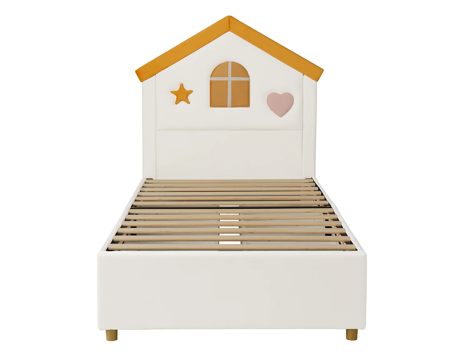 Cama cabaña infantil 90x200 cm terciopelo beige, cabecero en forma de casa, 4 cajones, sin colchón
