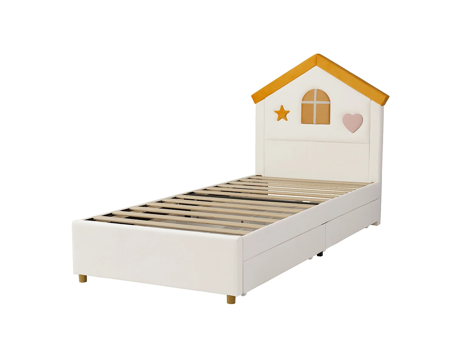 Cama cabaña infantil 90x200 cm terciopelo beige, cabecero en forma de casa, 4 cajones, sin colchón