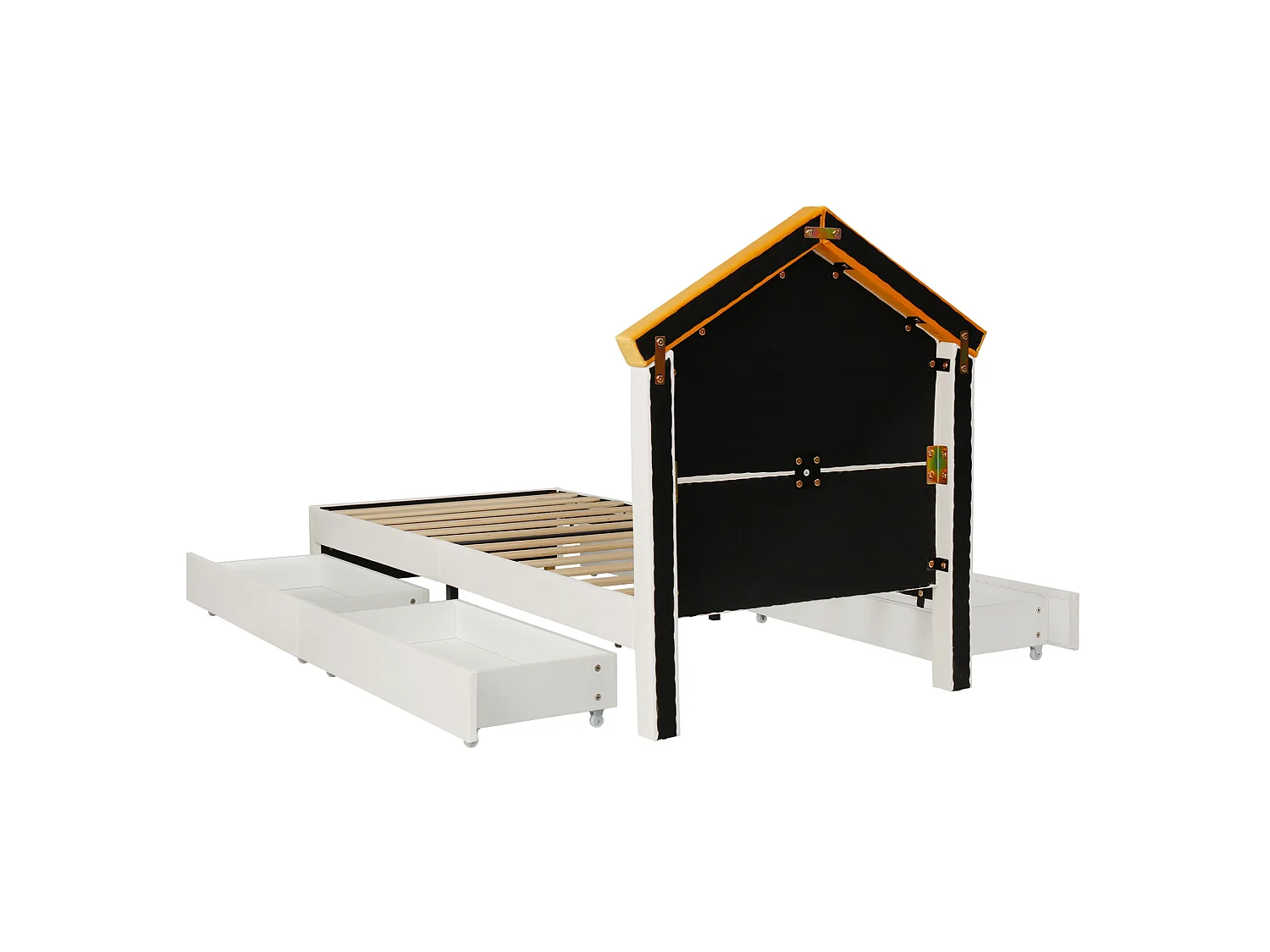Cama cabaña infantil 90x200 cm terciopelo beige, cabecero en forma de casa, 4 cajones, sin colchón