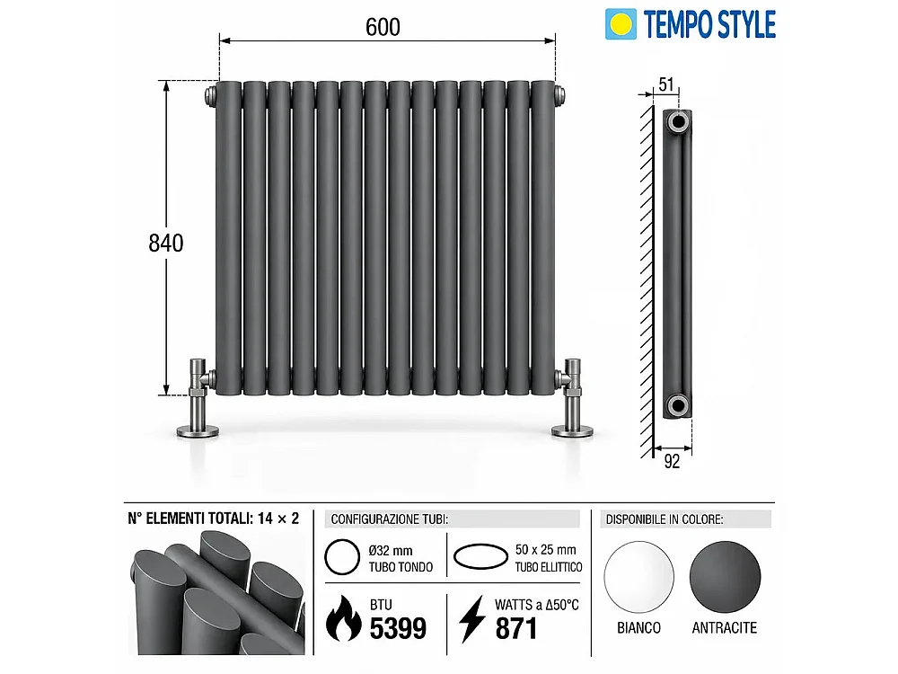 Tempo Style - Radiateur 600x840 mm | 871 W | Radiateur décoratif 5399 BTU (14x2 éléments) - Anthracite