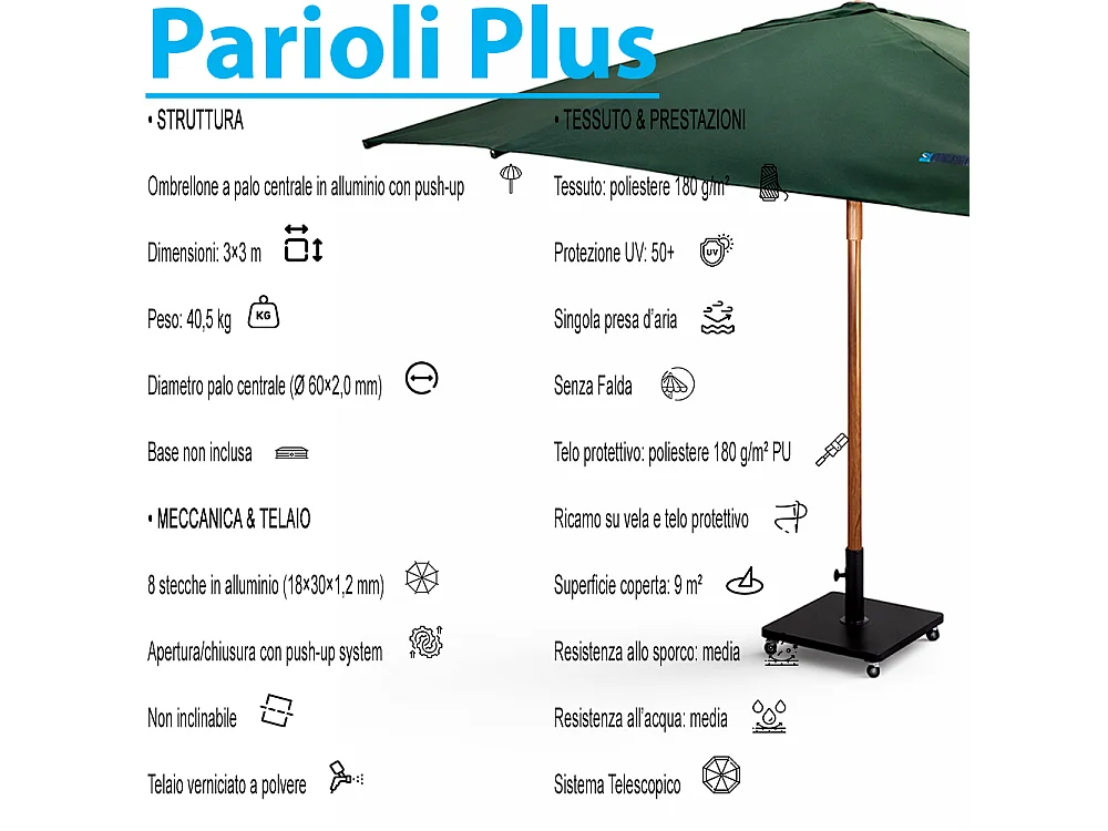 Tempo Style - Ombrellone da Giardino Parioli Plus 3x3 m | Robusto Ombrellone da Esterno in Alluminio e Poliestere 180g/㎡ (Verde/Legno Noce)