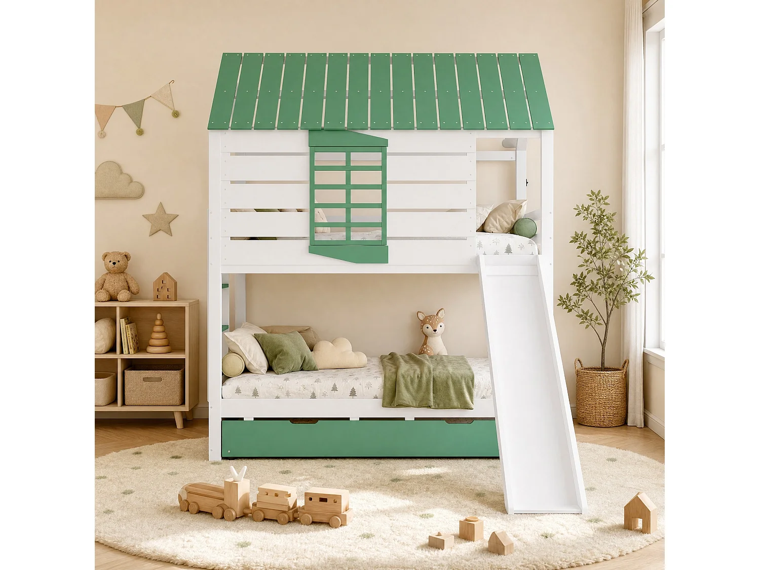 Kinder-Etagenbett 90x200 cm aus weißem und grünem Holz, Hausform mit Rutsche und Ausziehbett, ohne Matratze