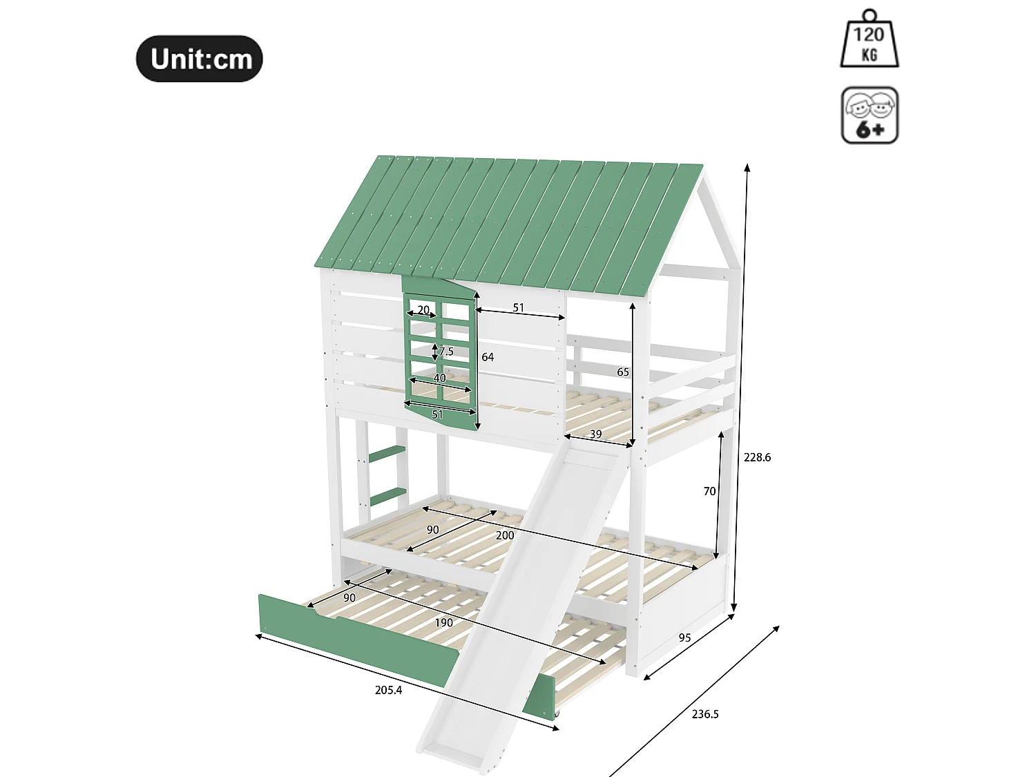 Kinder-Etagenbett 90x200 cm aus weißem und grünem Holz, Hausform mit Rutsche und Ausziehbett, ohne Matratze