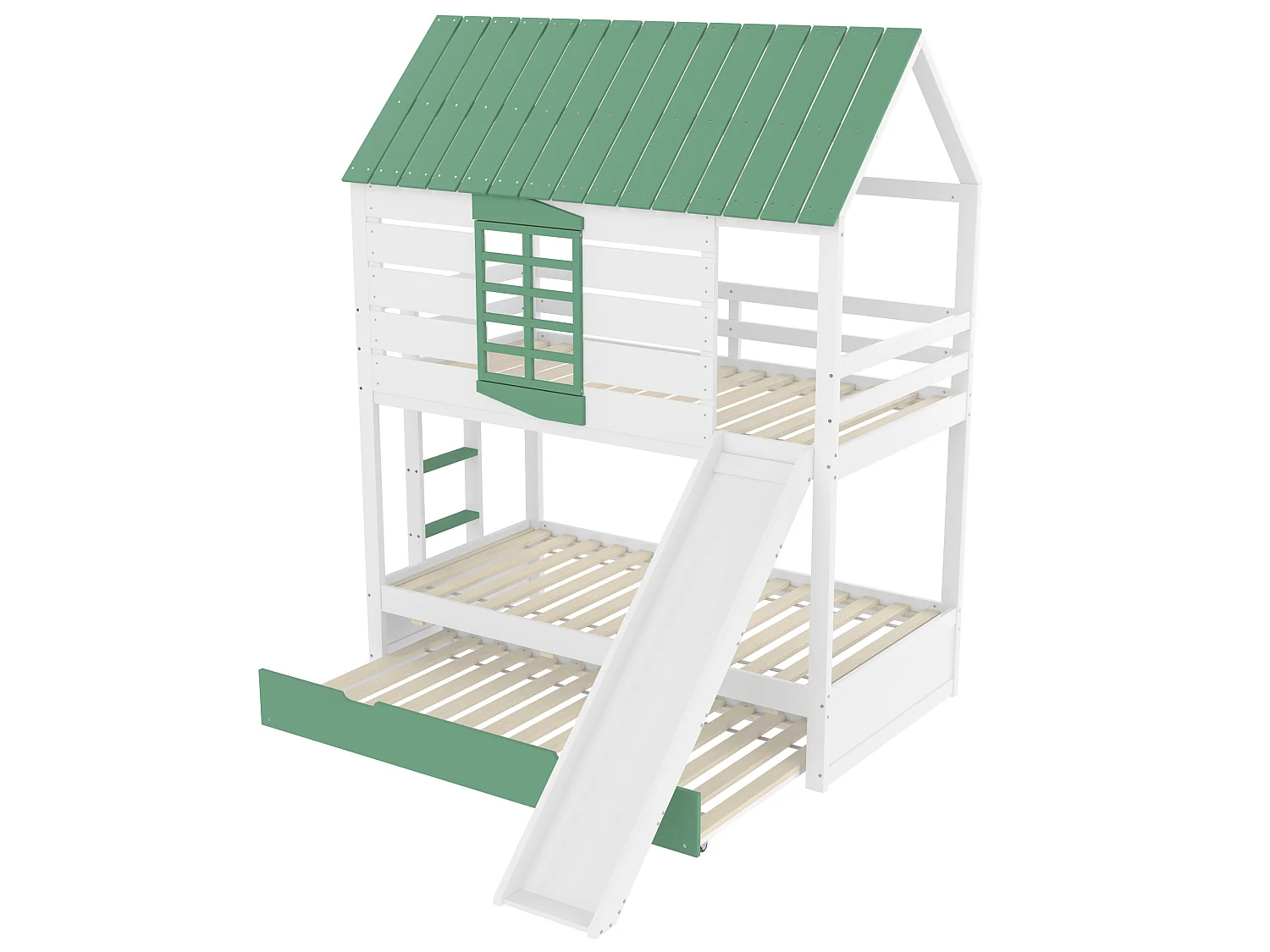 Kinder-Etagenbett 90x200 cm aus weißem und grünem Holz, Hausform mit Rutsche und Ausziehbett, ohne Matratze