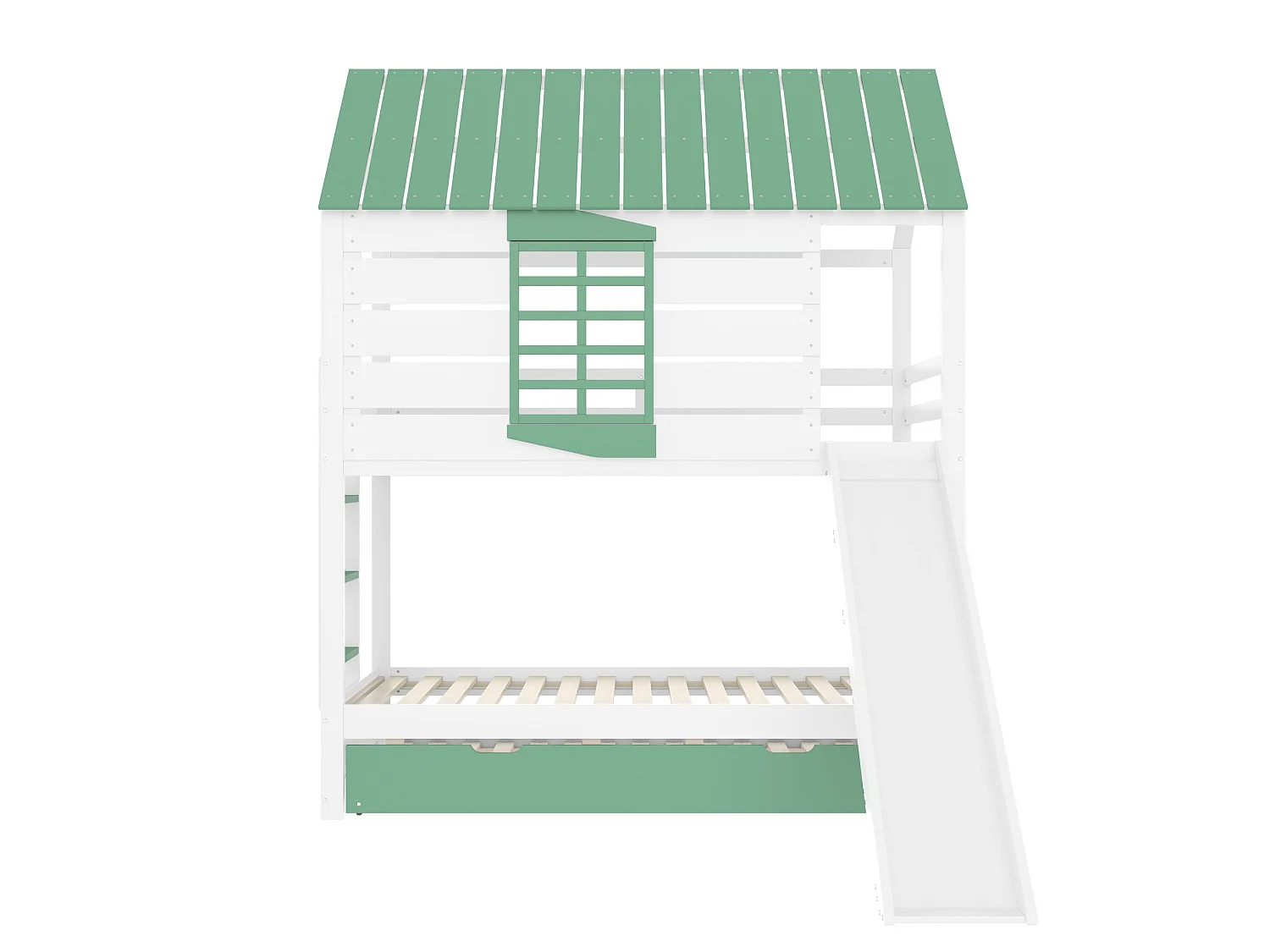 Kinder-Etagenbett 90x200 cm aus weißem und grünem Holz, Hausform mit Rutsche und Ausziehbett, ohne Matratze
