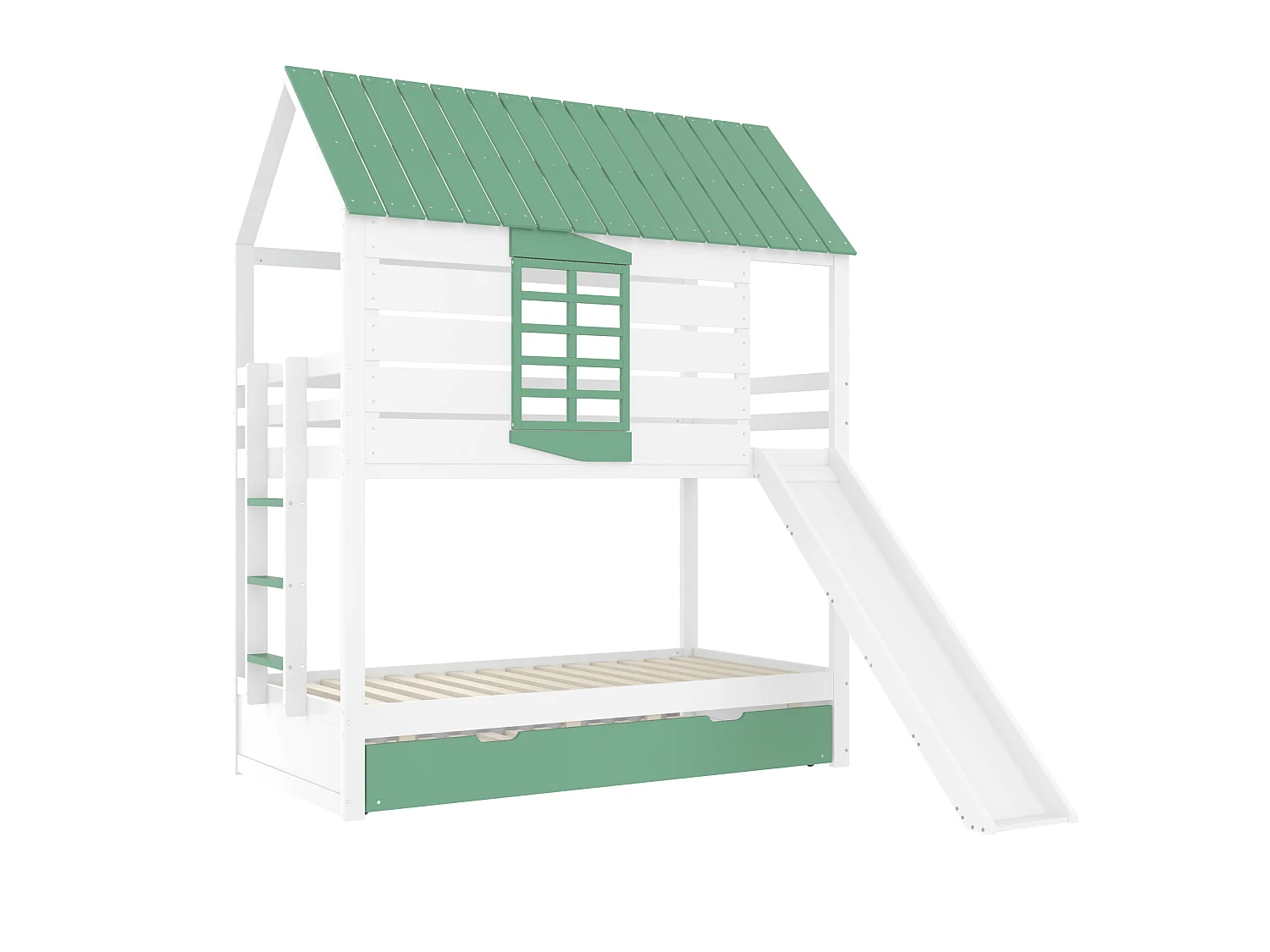 Kinder-Etagenbett 90x200 cm aus weißem und grünem Holz, Hausform mit Rutsche und Ausziehbett, ohne Matratze