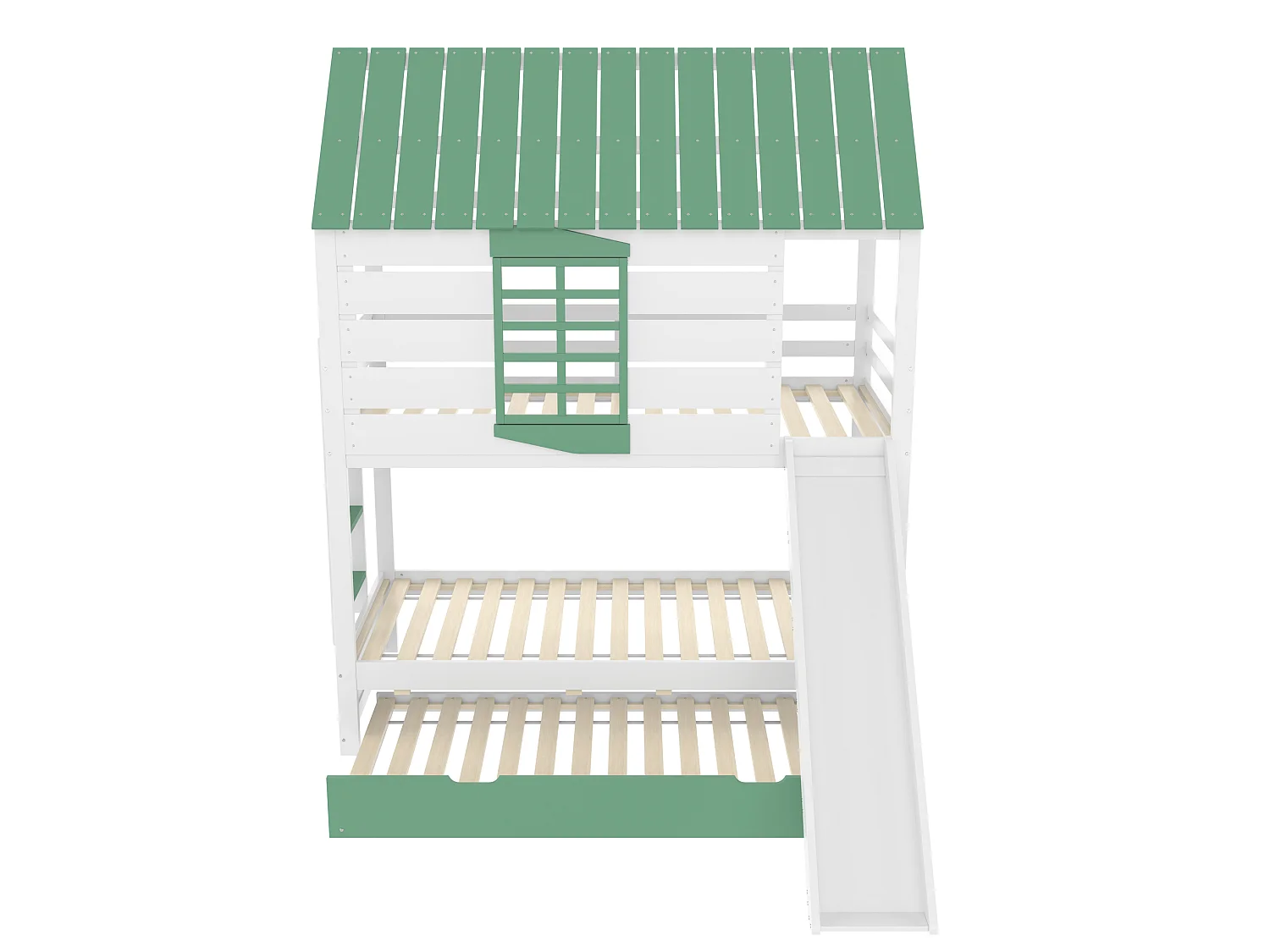 Kinder-Etagenbett 90x200 cm aus weißem und grünem Holz, Hausform mit Rutsche und Ausziehbett, ohne Matratze