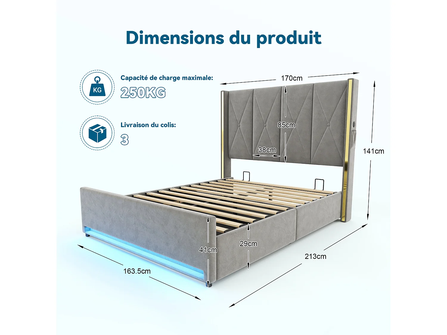 Bettkastenbett 160x200 cm aus dunkelgrauem Velours, hohes LED-Kopfteil, USB- und USB-C-Anschluss sowie Seitentaschen, ohne Matratze