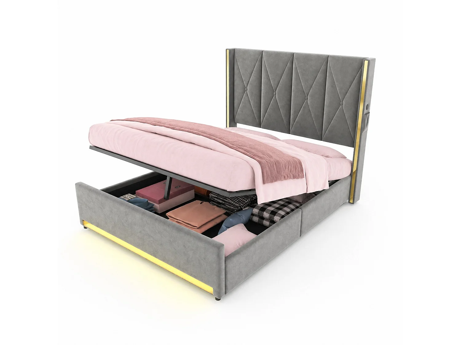 Bettkastenbett 160x200 cm aus dunkelgrauem Velours, hohes LED-Kopfteil, USB- und USB-C-Anschluss sowie Seitentaschen, ohne Matratze