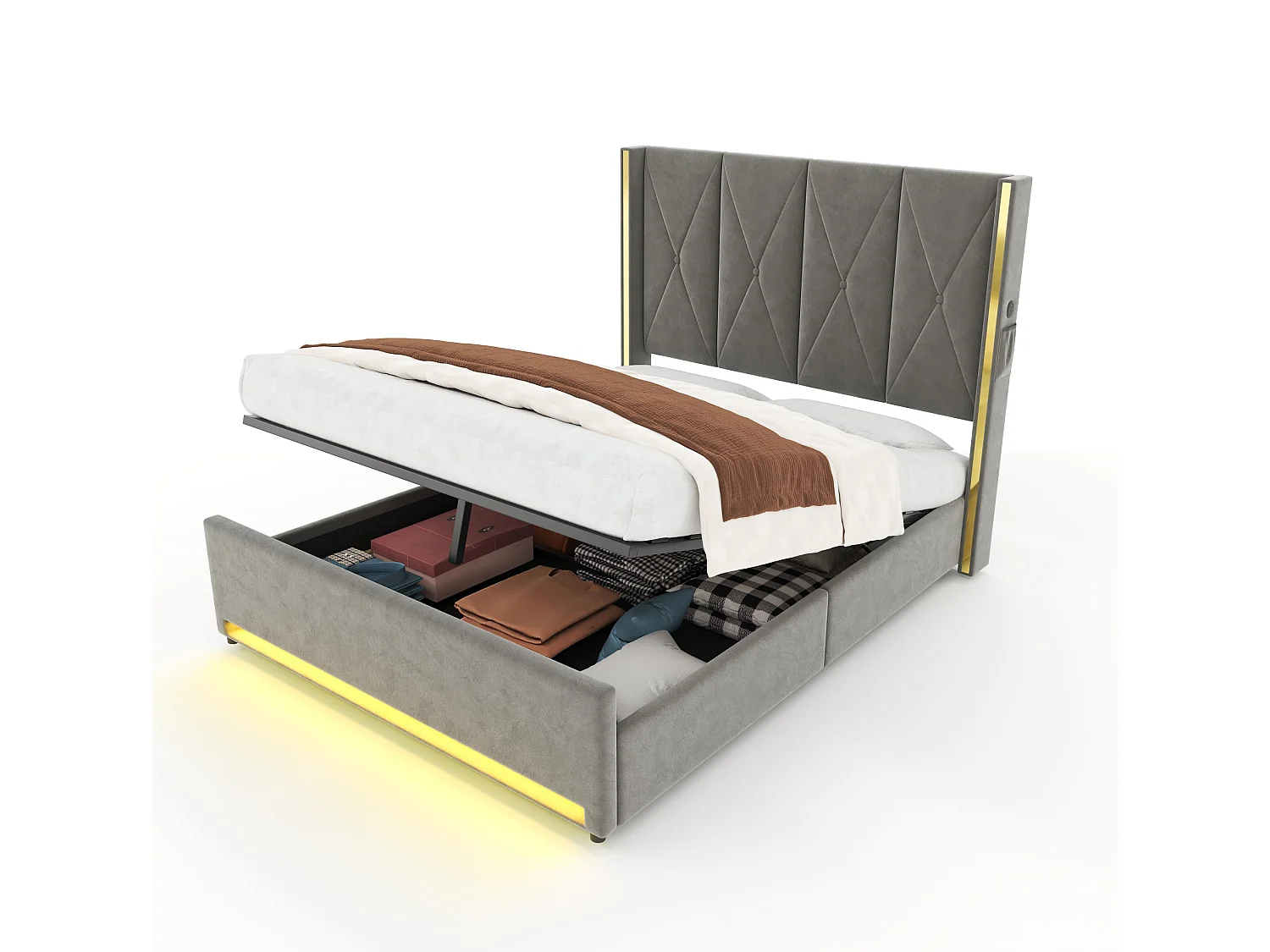 Bettkastenbett 160x200 cm aus dunkelgrauem Velours, hohes LED-Kopfteil, USB- und USB-C-Anschluss sowie Seitentaschen, ohne Matratze