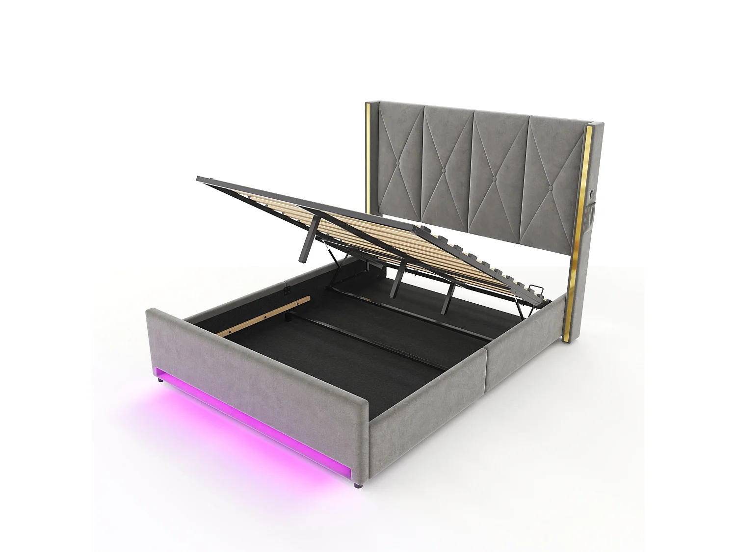 Bettkastenbett 160x200 cm aus dunkelgrauem Velours, hohes LED-Kopfteil, USB- und USB-C-Anschluss sowie Seitentaschen, ohne Matratze