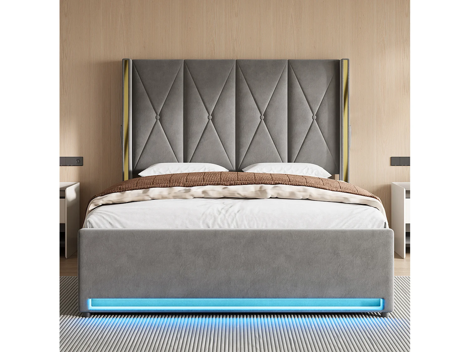 Bettkastenbett 160x200 cm aus dunkelgrauem Velours, hohes LED-Kopfteil, USB- und USB-C-Anschluss sowie Seitentaschen, ohne Matratze