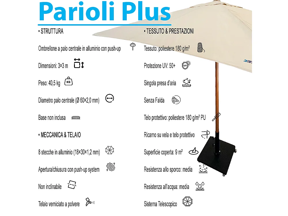 Tempo Style - Ombrellone da Giardino Parioli Plus 3x3 m | Robusto Ombrellone da Esterno in Alluminio e Poliestere 180g/㎡ (Beige/Legno Noce)