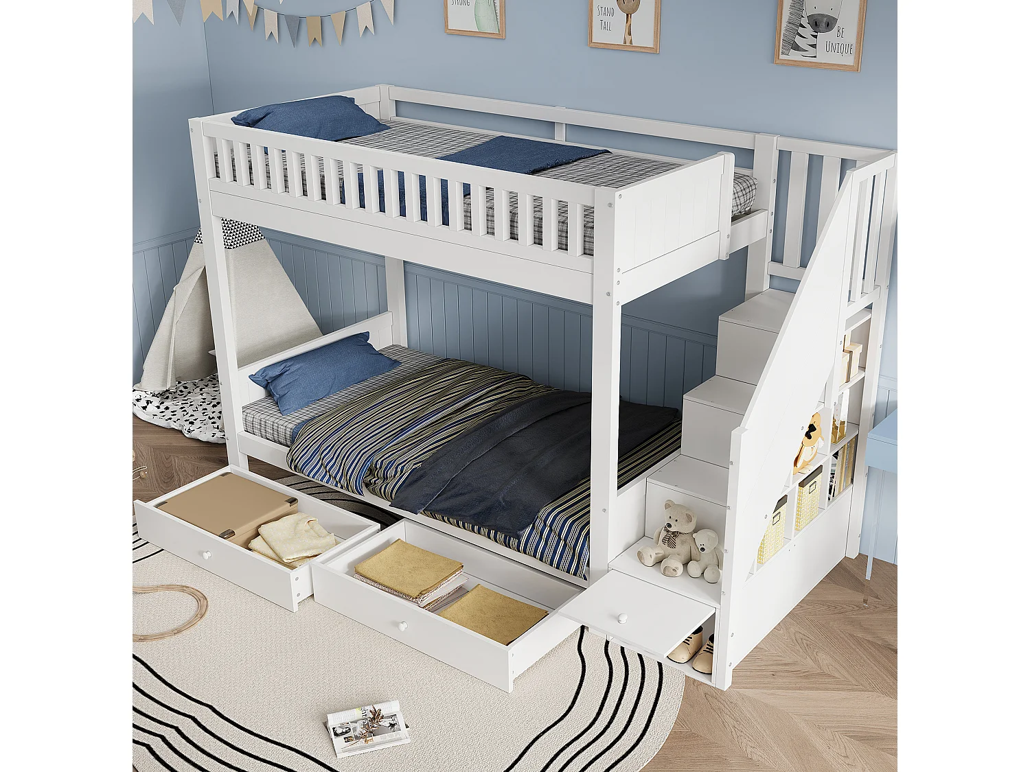 Kinder-Etagenbett 90x200 cm aus weißem Holz mit Stauraumtreppe, 2 Schubladen und Sicherheitsleisten, ohne Matratze