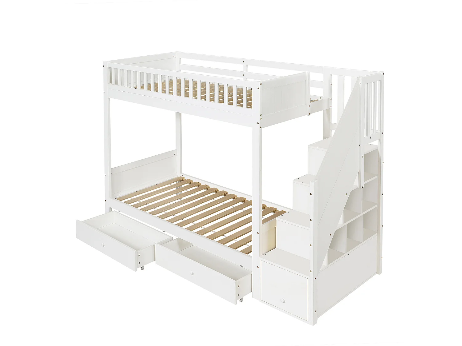 Kinder-Etagenbett 90x200 cm aus weißem Holz mit Stauraumtreppe, 2 Schubladen und Sicherheitsleisten, ohne Matratze