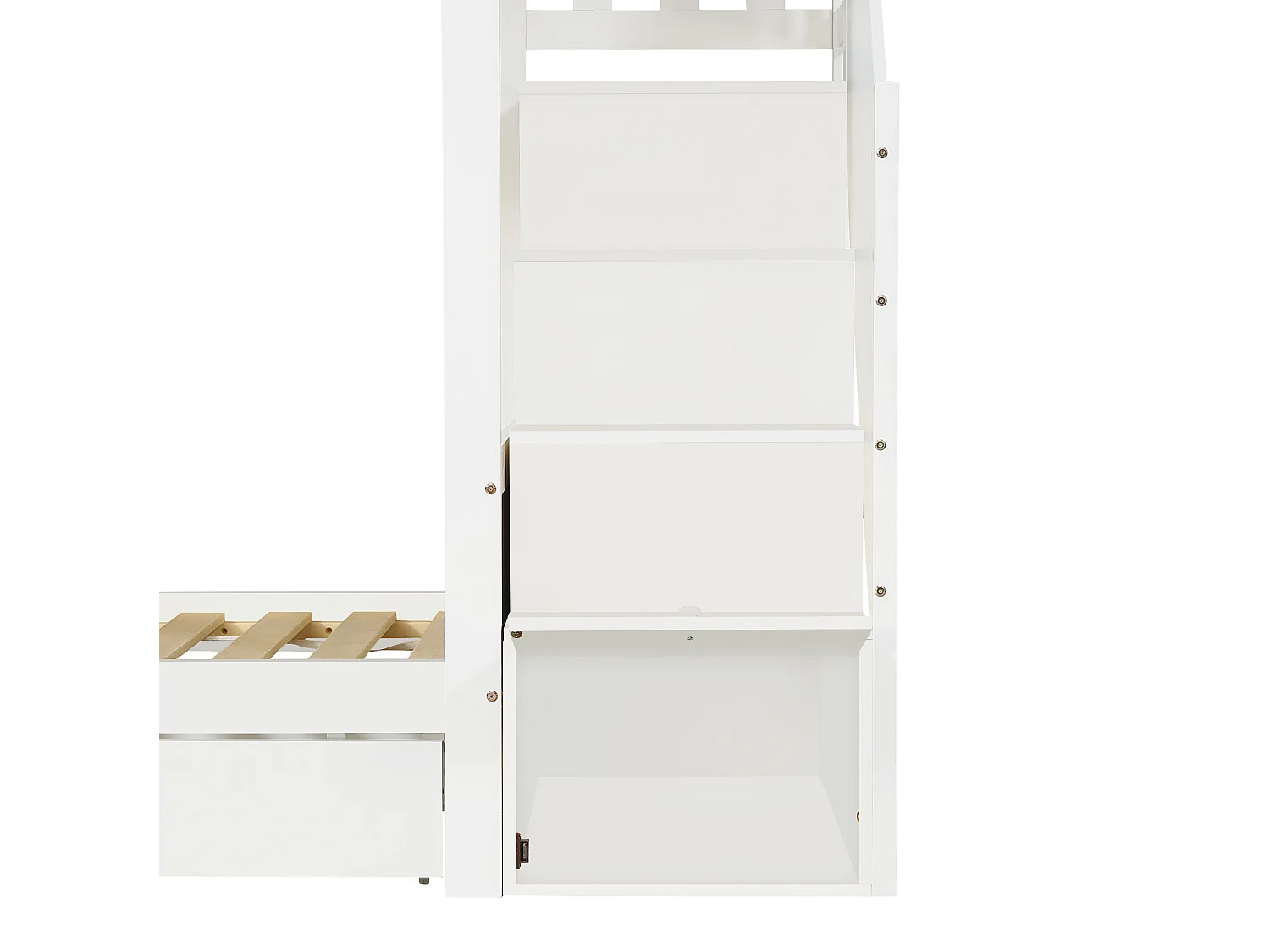 Kinder-Etagenbett 90x200 cm aus weißem Holz mit Stauraumtreppe, 2 Schubladen und Sicherheitsleisten, ohne Matratze
